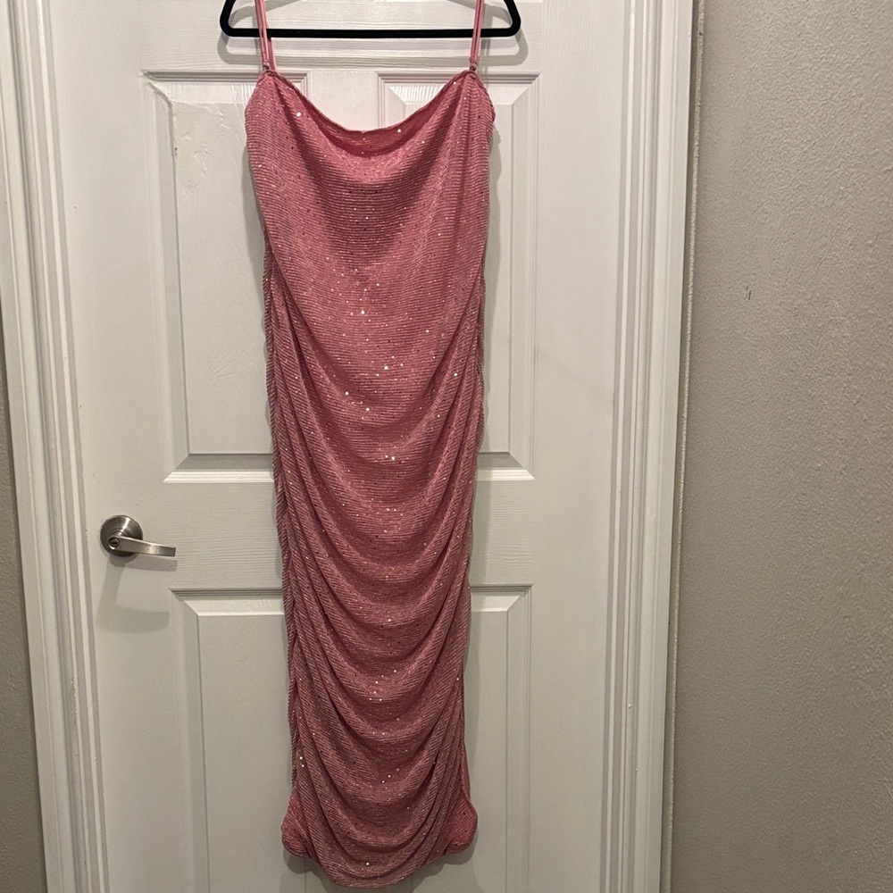 Rebdolls Shimmering Pink Draped Midi Dress
